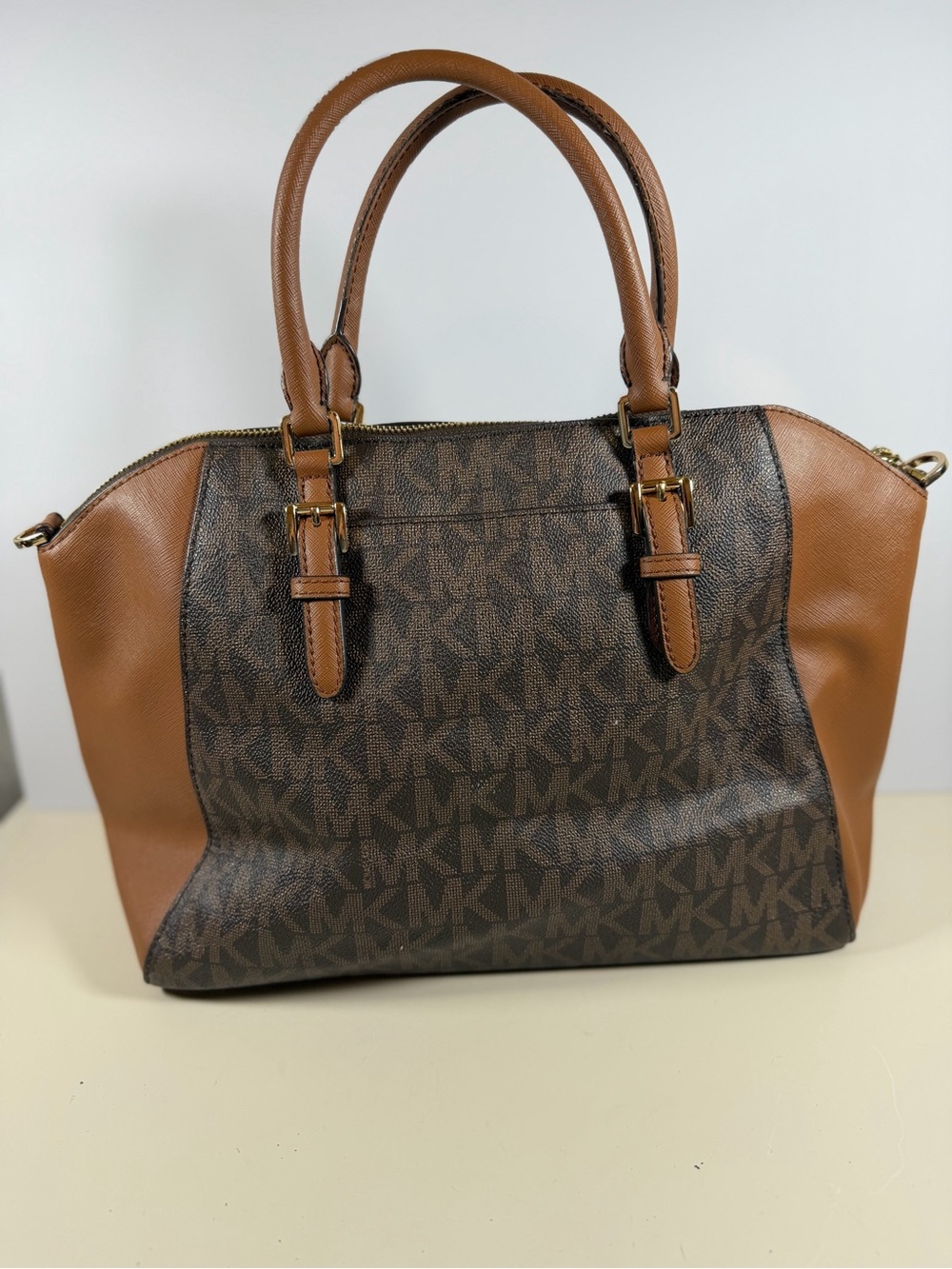Michael Kors Brown Logo Dome Satchel with Tan Trim and Gold Hardware - Picture 6 of 9